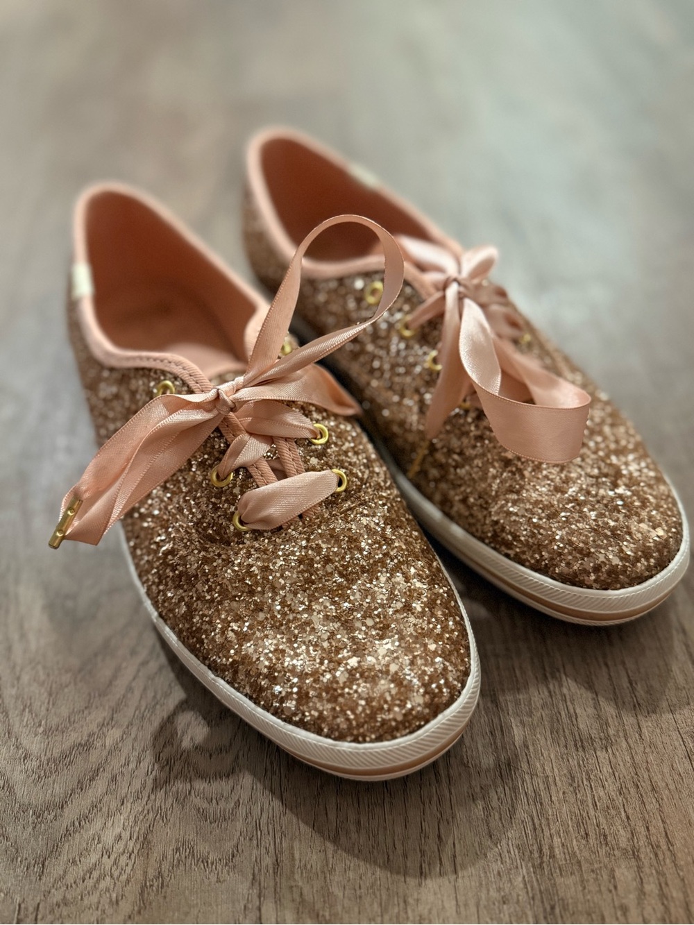 Kate Spade X Keds Sparkling Rose Gold Glitter Sneakers with Satin Laces